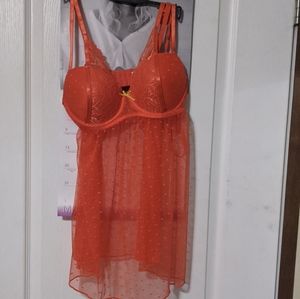 Spree Orange Mesh Polka Dot Babydoll Lingerie Set Push Up Padded Thong Panties L